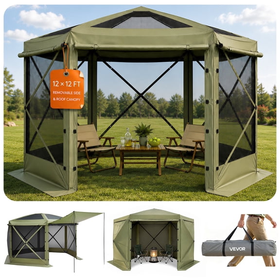 Pop up Gazebo Screen Tent, 12 x 12 ft Large 6-Sided Camping Canopy Tent with Removable Top & Carry Bag, Quick-Set & Bite-Proof, Screen House Sun Shelter for 8-10 Persons Backyard Patio, Green