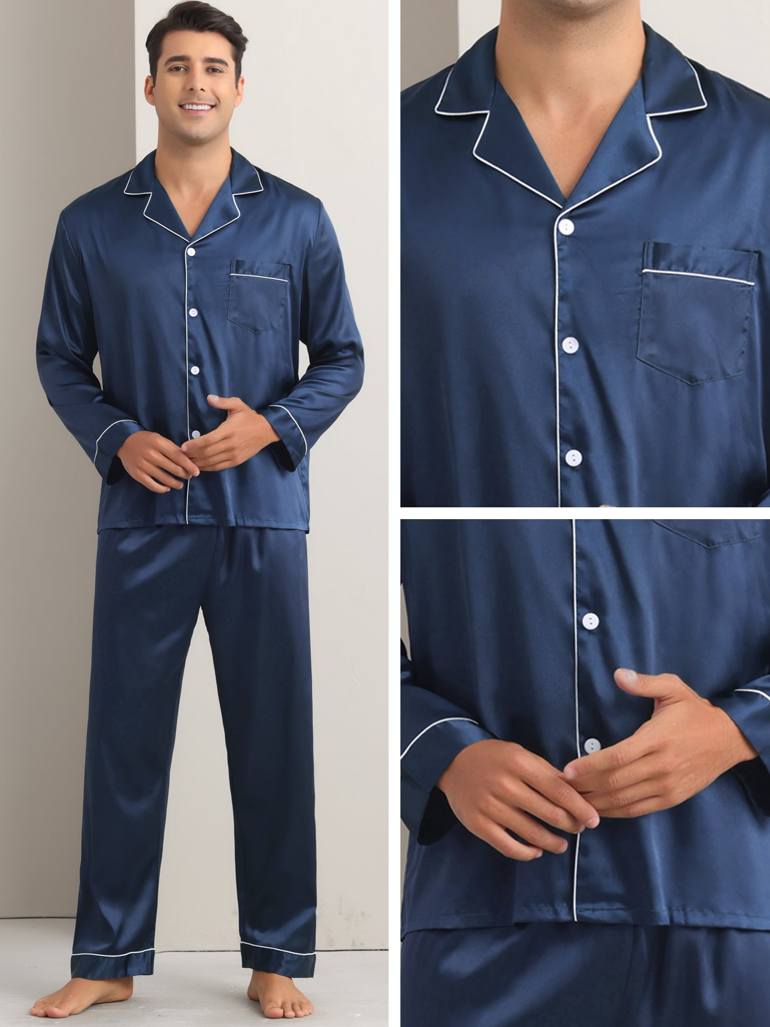 DARING DIVA Men's 2-Piece Homewear Button Down Long Sleeve Shirt L Navy Blue
