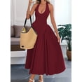 thumbnail image 4 of Women'S Casual Midi Dress V Neck Sundress Elegant Flowy A Line Beach Long Dress Wine Red S, 4 of 8