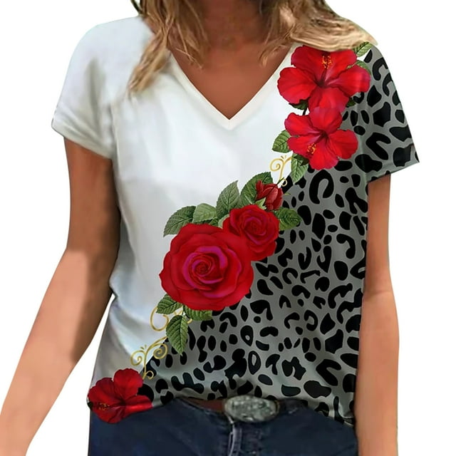 Pompotops Femmes Été Impression de Fleurs Manches Courtes V-Cou en Vrac T-Shirt Chemisier Tops