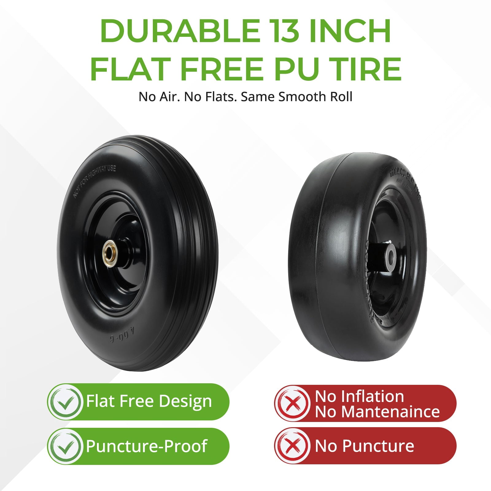 Backyard Expressions 13-Inch Flat-Free PU Tire 2-Pack – Solid PU Replacement Wheels with 5/8" & 3/4" Bearings, Spacer Kit & Steel Hubs for Wheelbarrows, Garden Carts, Wagons, Hand Trucks & More