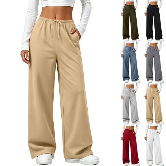 Sentuca Wide Leg Sweatpants for Women Baggy Lounge Drawstring Workout Pants with Pockets Casual Loose Fashion Trousers Khaki M