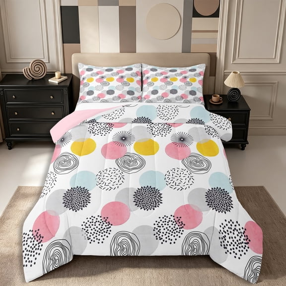 Castle Fairy Watercolor Round Dot Full Size Comforter Sets 3-Piece,Abstract Floral Burst Bedding Comforter Set,Pink Yellow Skyblue,Reversible,1 Comforter and 2 Pillowcases