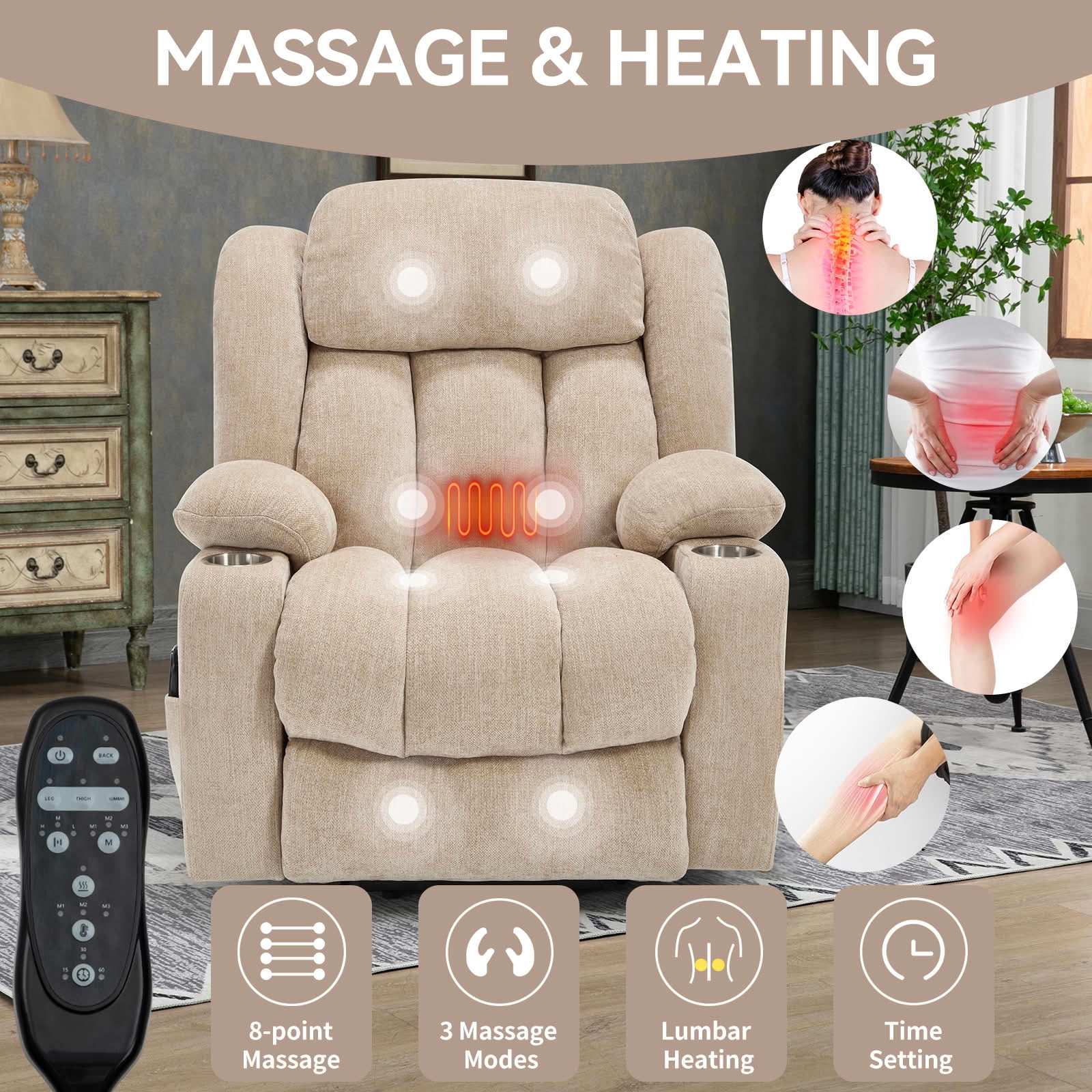 MAYEERTY Dark Brown Chenille Power Lift Recliner, 350lbs Massage Heat USB-C Cup Holders for Elderly 35"x29"x43"