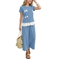 thumbnail image 4 of SGFCWSX Girls 2 Piece Outfits Bow Lace Hem Short Sleeve Tops Wide Leg Capri Pants Summer Casual Clothes Set Light Blue Size 3T, 4 of 9