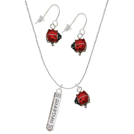 Delight Jewelry Guardian Angel Bar Red Lucky Ladybug Necklace and Dangle Earrings Set