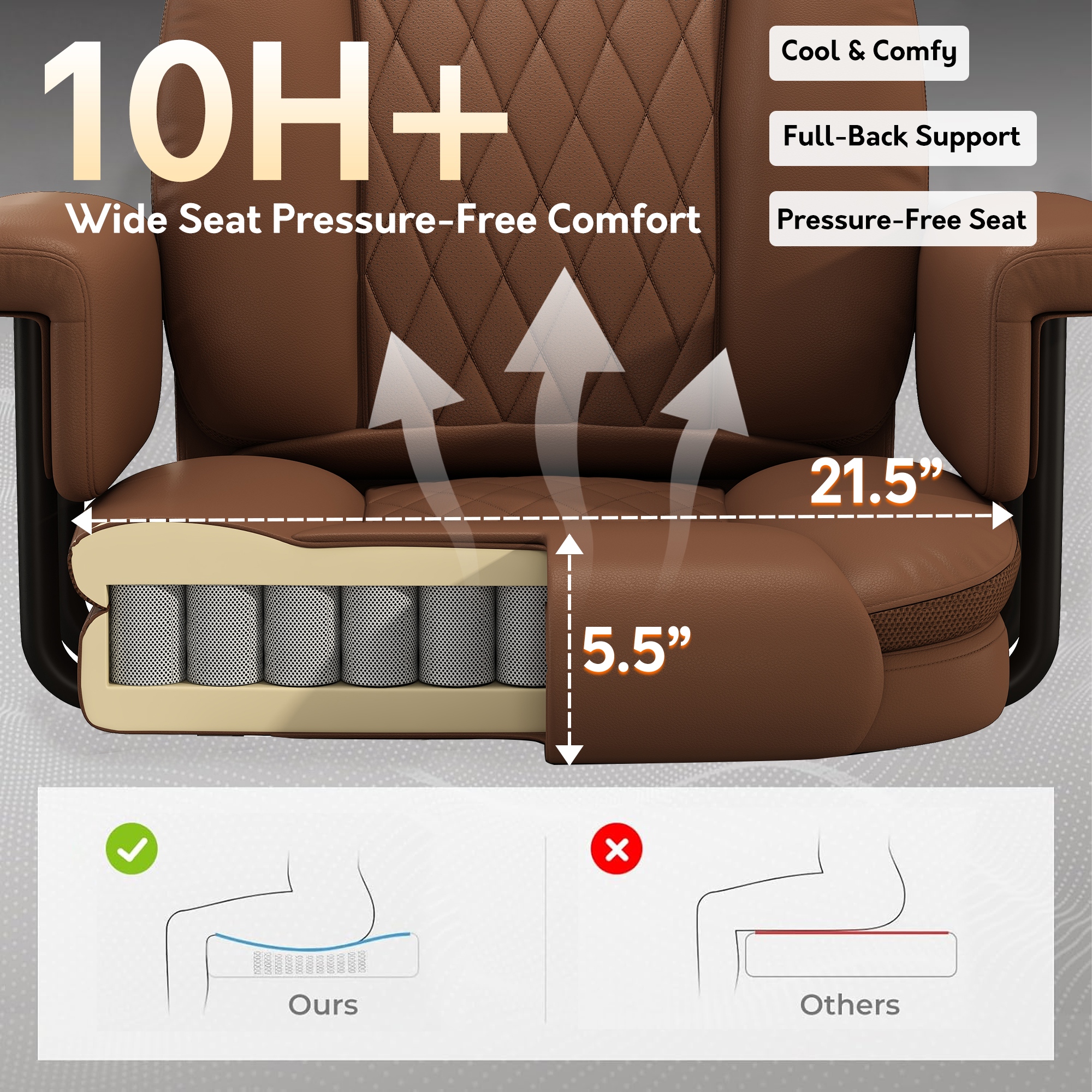 HomeZeer Big and Tall Executive Office Chair 400LBS, 160°Reclining with Retractable Footrest, PU Leather Desk Chair with Padded Arms, Adjustable Height with Quiet Roller Wheels, Brown