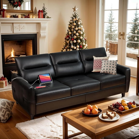 STHOUYN 85” Black Faux Leather Couch with USB, 3 Seater Sofa Couches for Living Room, Large Mid Century Modern Office Apartment Couch (Black)