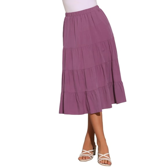 DARING DIVA Women's Midi Tiered Pleated Elastic Waist A-Line Skirt XL Purple