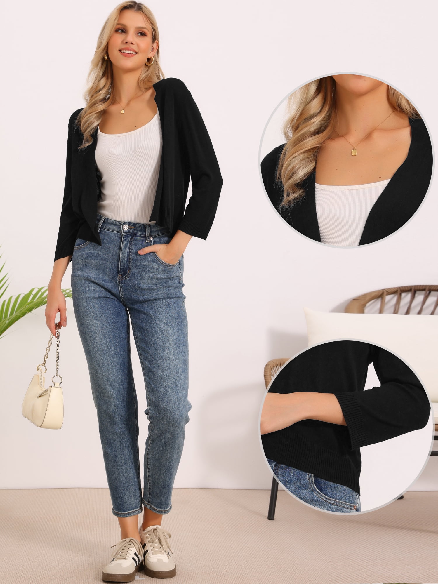 DARING DIVA Women's Cropped Knit Open Front 3/4 Sleeve Bolero Shrug S Black