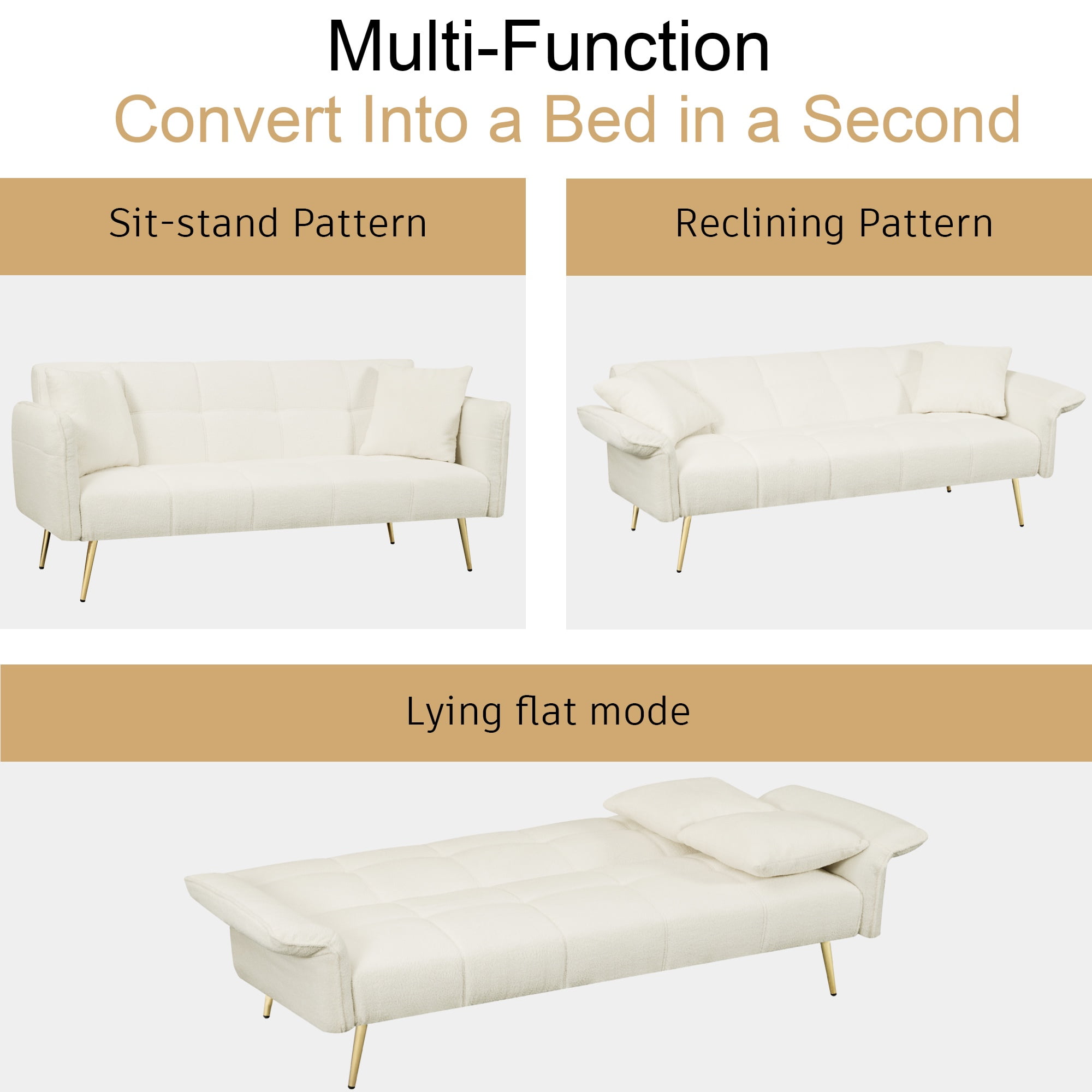 CARZZI 70" Upholstered Teddy Loveseat Sofa, Convertible Futon Sofa Couch with Adjustable Arms, Deep Seat 2 Seater Comfy Cushion Love Seat for Small Space Living Room Bedroom Apartment, White