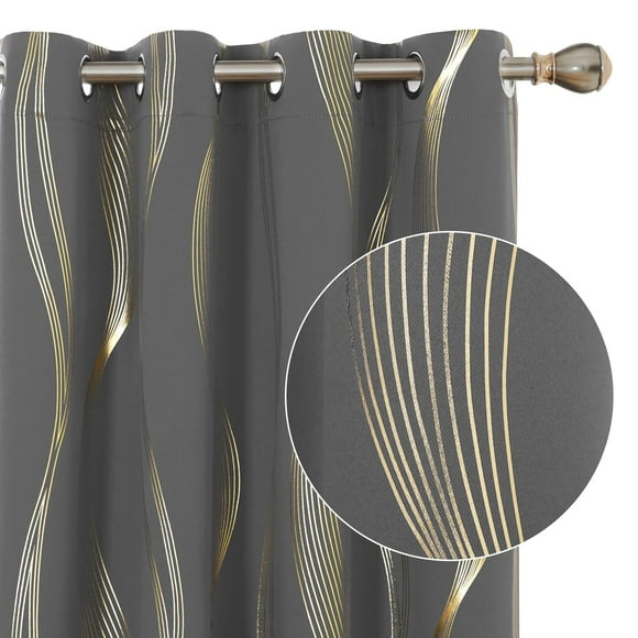 Deconovo Blackout Curtains, Golden Foil Print Wave Striped Grommet Window Curtains for Living Room, Set of 2, 52 by 45 Inch, Dark Grey