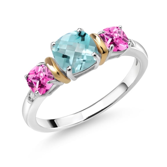 Gem Stone King 1.81 Ct Cushion Checkerboard Sky Blue Topaz Pink Created Sapphire 925 Silver and 10K Yellow Gold Diamond 3-Stone Ring (Size 8)