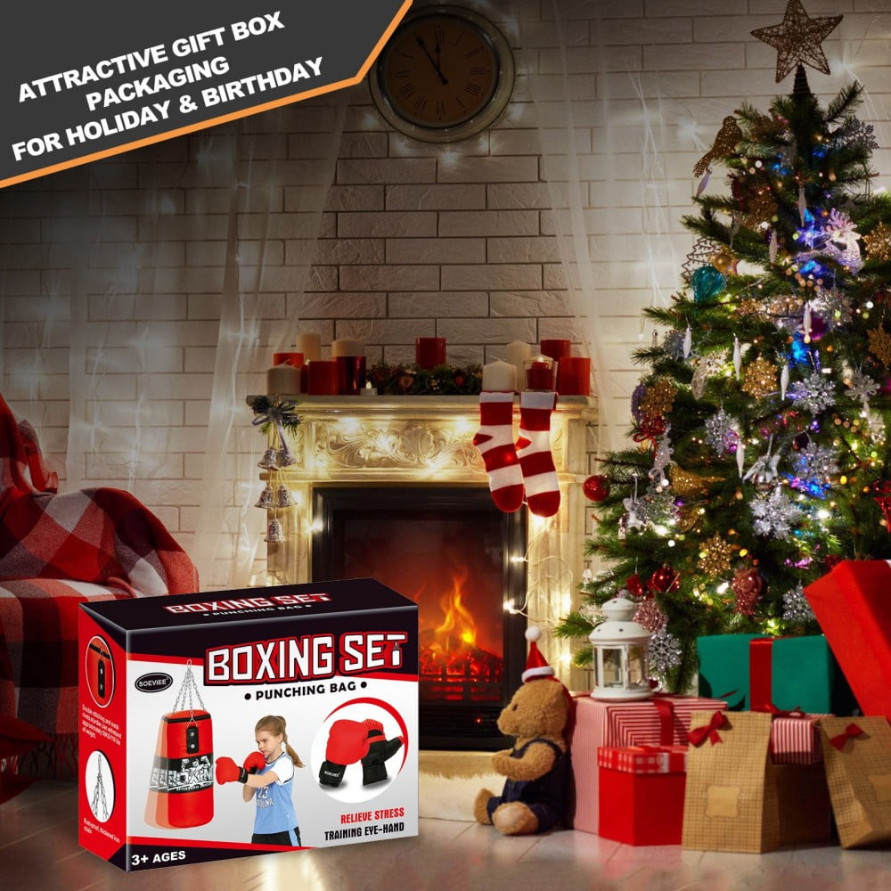 Kids Boxing Punching Bag Set - 2ft Leather Heavy Boxing Bag with Gloves & Bandage for Kids Children Youth Boxing, MMA, Home Gym & Martial Arts Training Equipment (Unfilled), Red