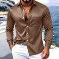 thumbnail image 2 of YOIAVAIOY Men's Collar Button Up Shirts with Pockets Slim Fit Satin Lightweight Tops Fall Casual Outfits Solid Color Spring Everyday Brown XXXXL, 2 of 6