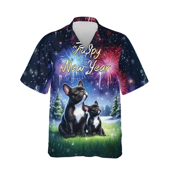 Happy New Year French Bulldog Family Cheer Winter Midnight Firework Hawaiian Shirt Breathable Summer Unisex Merch Dog Lover Gifts - 02025