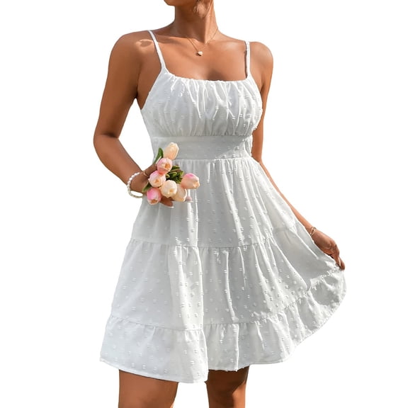 Women's White Spaghetti Strap Tiered Mini Dress, Square Neck Swiss Dot Casual Summer Graduation Dress