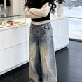 thumbnail image 5 of TIREOW Girls Retro Washed Wide Leg Denim Pants Elastic Waist Denim Trousers Fashionable Baggy Casual Streetwear Jeans(Blue,7-8 Years), 5 of 5