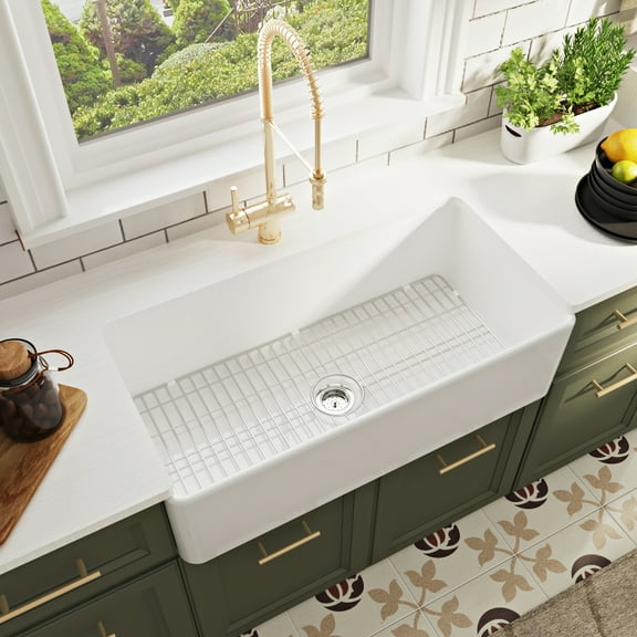 DeerValley DV-1K505 Fireclay Farmhouse Kitchen Sink 36 inch with Grid and Strainer Combo in White