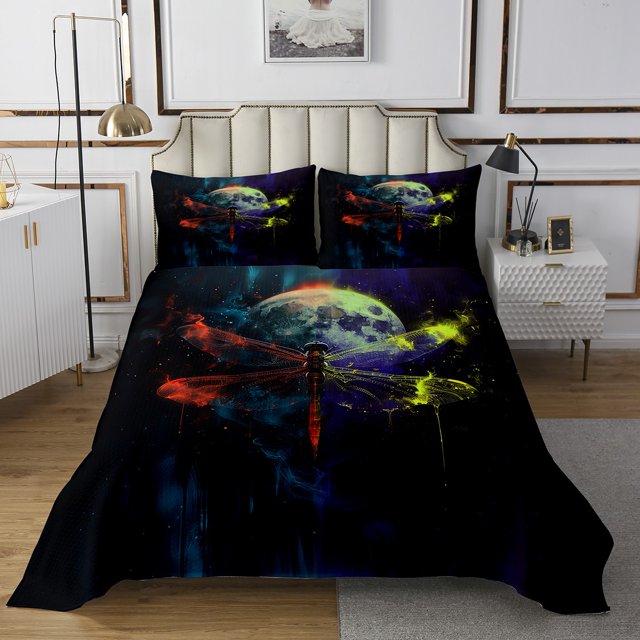 Dragonfly Quilt Set Universe Planet Bedspread Set King,Rustic Aesthetic Animal Coverlet Set Galaxy Moon Quilted,Boho Bedroom Decor