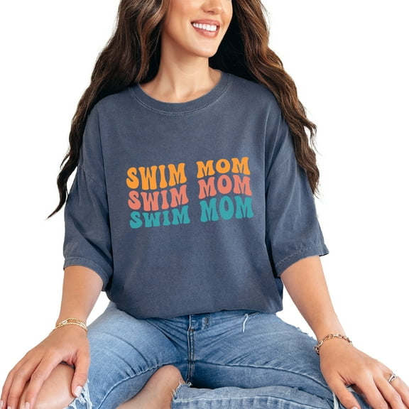 Swim Mom, Mother of a Swimmer Themed, Groovy Retro Wavy Text, Denim Comfort Colors T-Shirt, Small