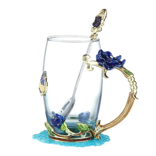Taza de té de cristal con esmalte de rosa azul rojo, taza de café, tazas de agua con flores pintadas de rosas y mariposas, juego de cuchara de cristal transparente, regalo perfecto Ormromra 2030009-3