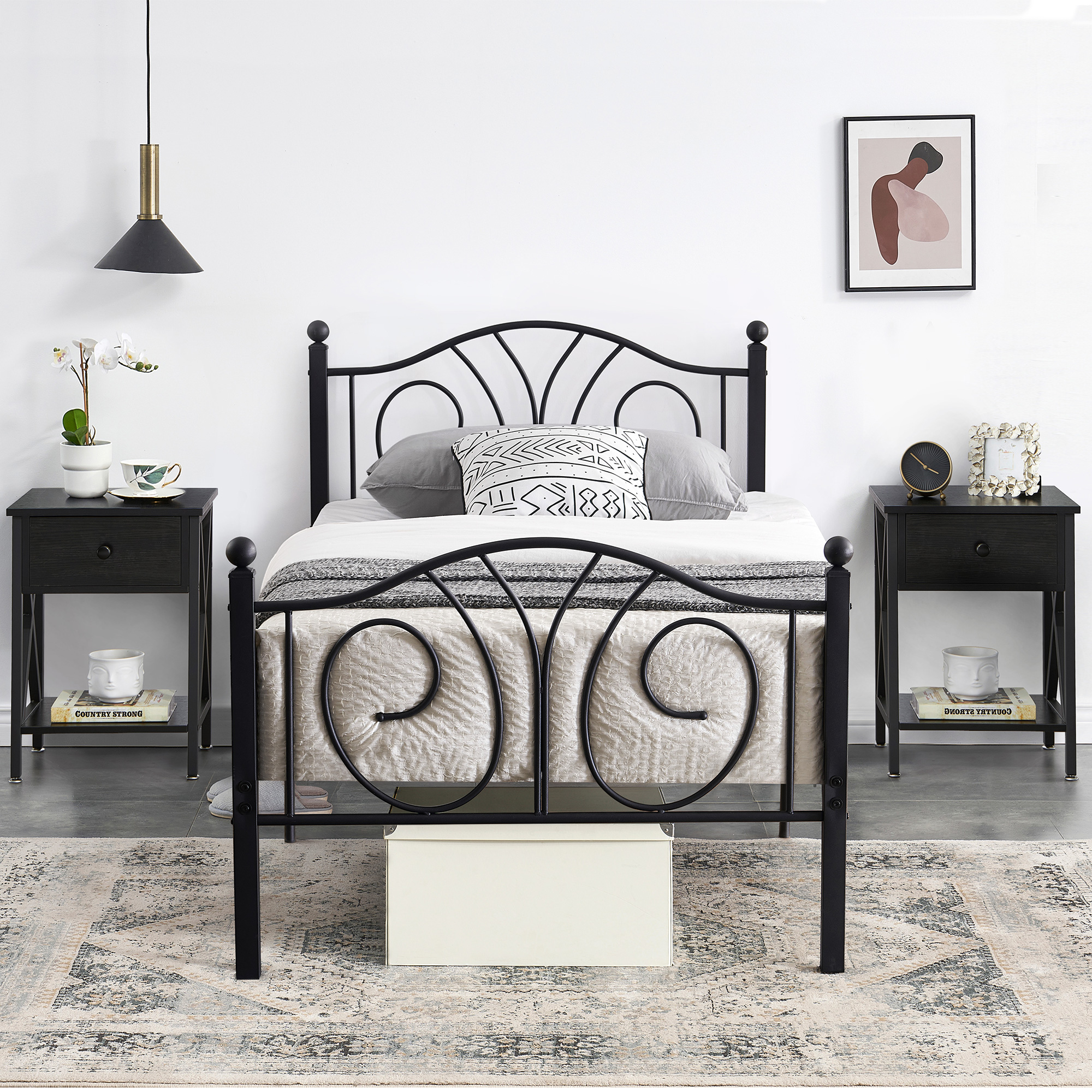3-Piece Bedroom Sets, Twin Size Metal Bed Frame and 2 Black Nightstands - image 1 of 8