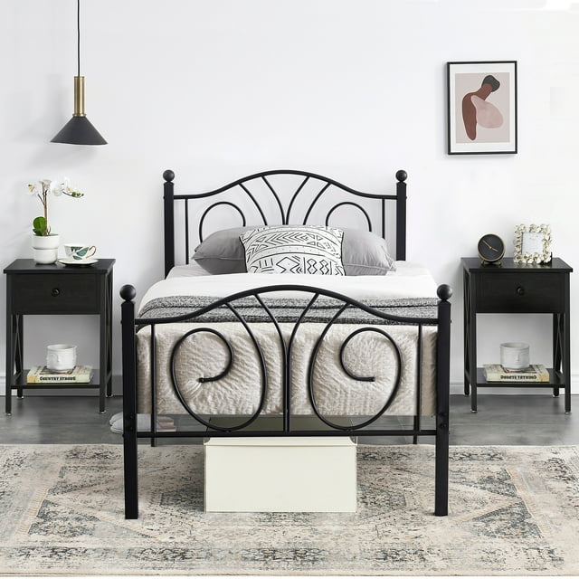 3-Piece Bedroom Sets, Twin Size Metal Bed Frame and 2 Black Nightstands