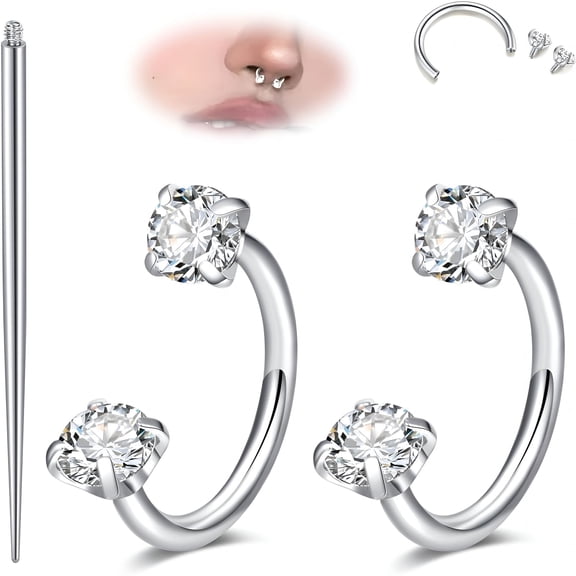 DESIGNICE Horseshoe Nose Ring 18G Silver Gold Nose Hoops for Women Half Hoop Earring Hoops Horse Shoe Daith Tragus Earring Hoop Helix Piercing Jewelry Double Gem Horseshoe Septum Ring 18Gauge 8Mm
