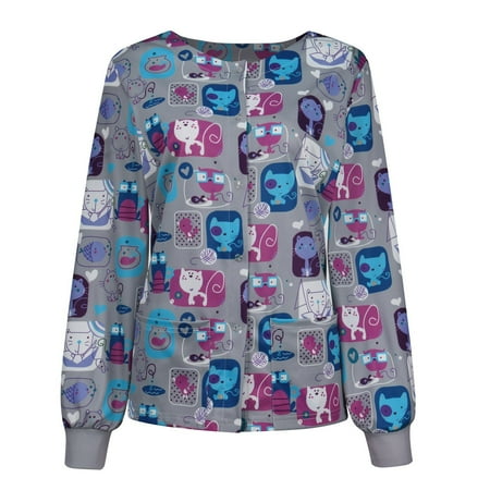 

BallsFHK Women Casual Fashion Long-sleeved Stand-up Collar Single-breasted Printed Women s Protective Overalls Jacket Top Scrub Tops Women