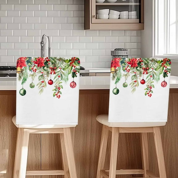 Winter Christmas Chair Covers Set of 6 Holly Berry Pine Leaves Bell Christmas Ball Chair Back Covers Stretch Removable Washable Slipcovers Protector for Dining Room Kitchen Party Decor