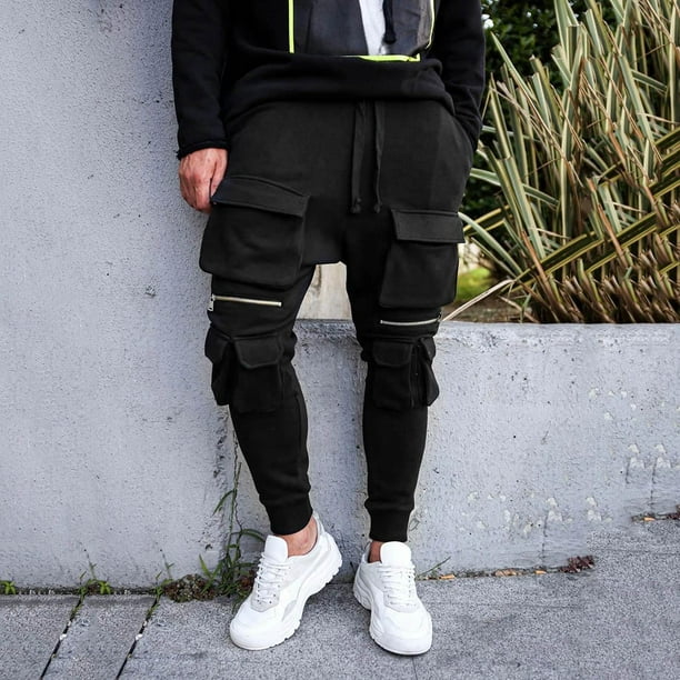 Pantalon de jogging pour homme ample et rayé, couleur unie noire
