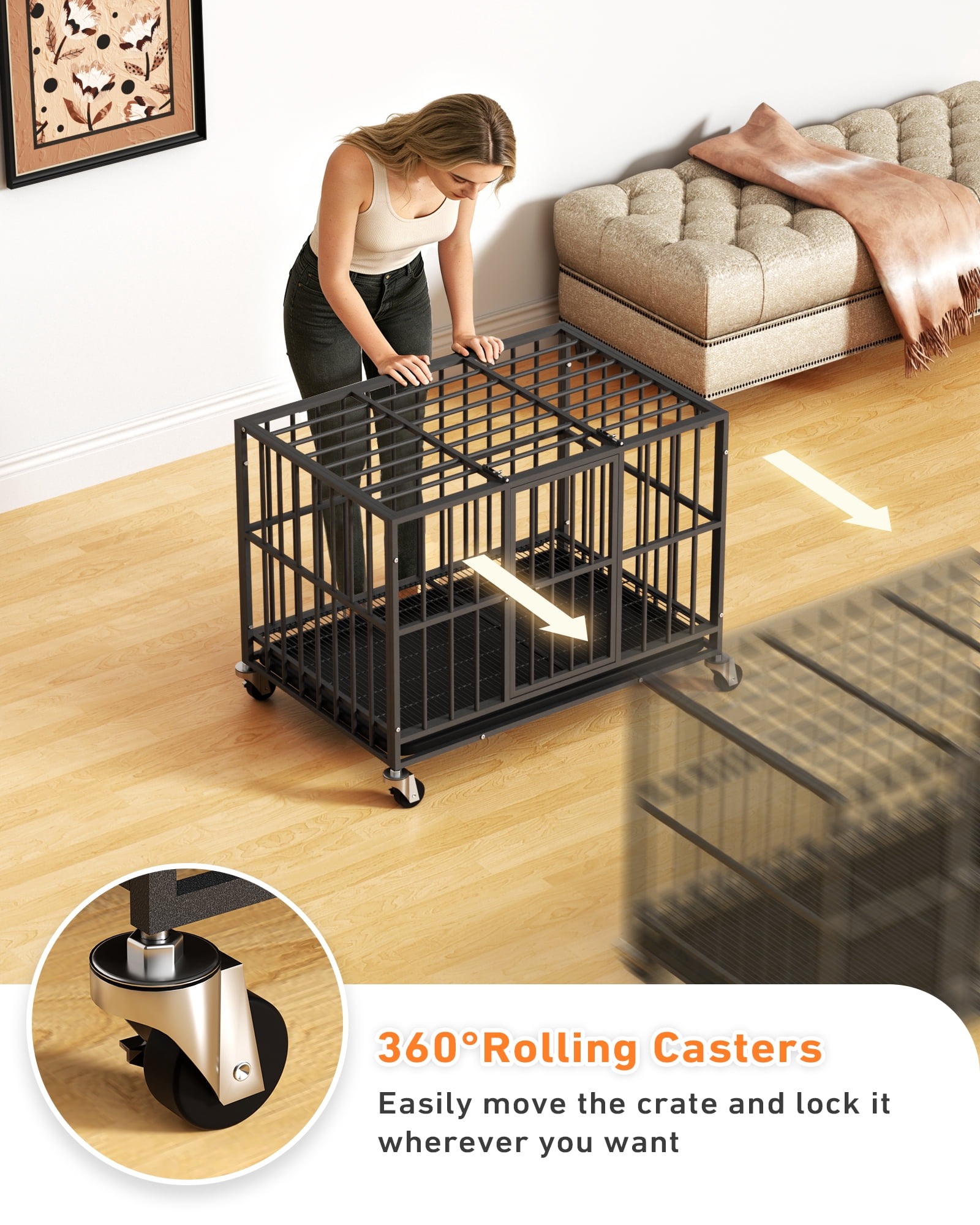 Time Ray 38 inch Dog Crate for Medium Dog with Steel Escape Proof,Heavy Duty Indestructible Dog Kennel with Double Doors,Lockable Wheels and Removable Tray,Black