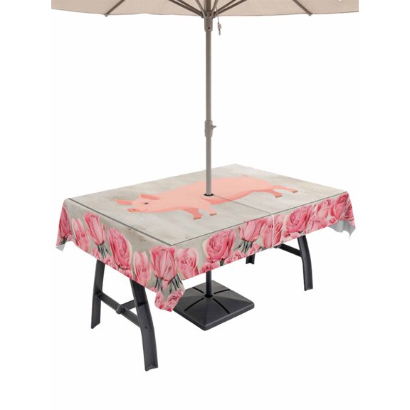 60x120 Inch Outdoor Tablecloth with Umbrella Hole Zipper Rectangle Farmhouse Pig Rectangular Tablecloths Waterproof Country Pink Rose Flowers Mottled Grey Patio Table Cloth Cover for Picnic Party