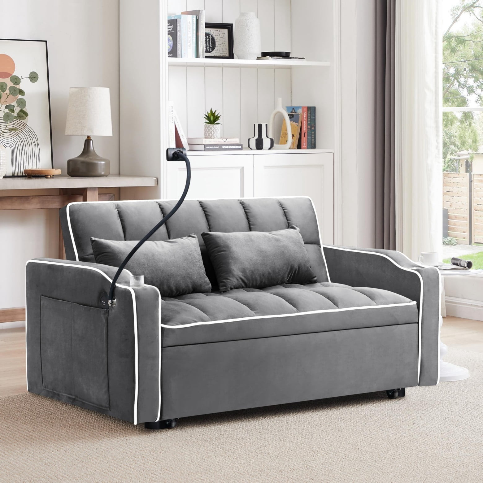 55" 3 in 1 Convertible Sofa Bed with Phone Holder, Loveseat Couch with Pull Out Bed, Space-Saving Apartment Sofa, Dark Gray