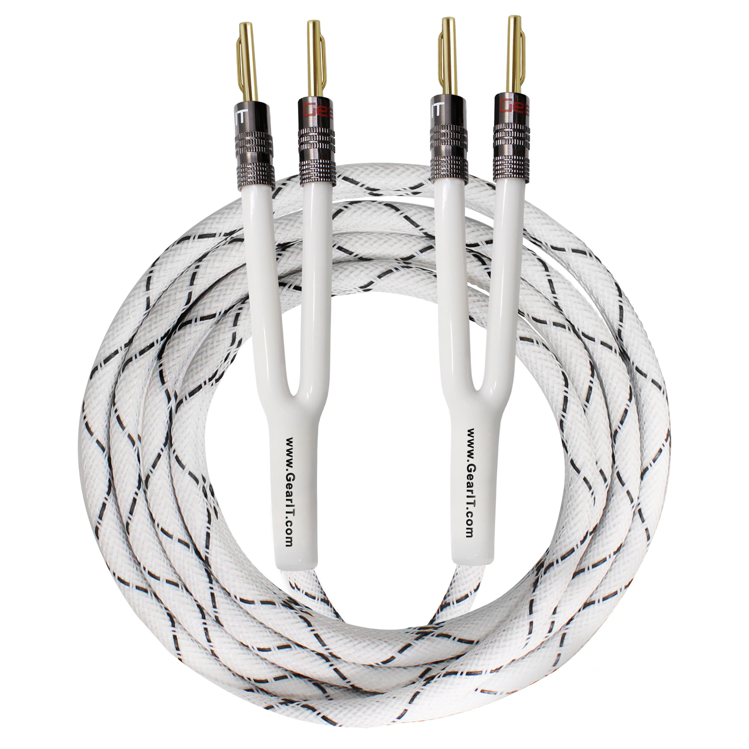 Elite Pure Copper Braided Bi-Wire Speaker Cable 1 Pair 2 to 4 Gold-Plated Banana Plugs 30 Ft MADE IN USA.