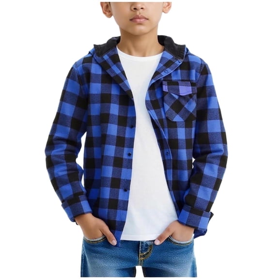 Boys Girls Flannel Shirt Classic Plaid Hoodie Shacket Long Sleeve Button Down Jacket Uniform Checked Coat 2026 Hooded Outwear