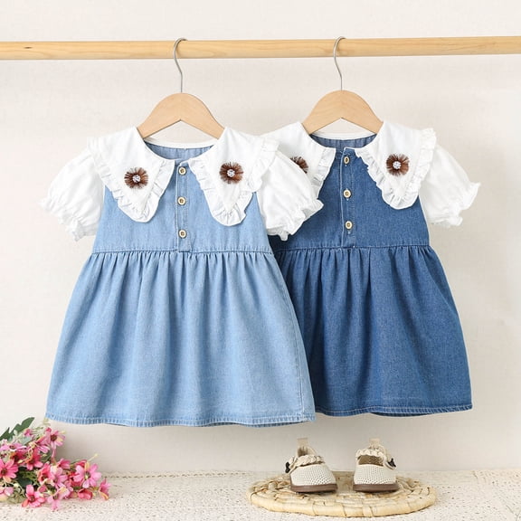 Swuxness Girl's Casual Short Sleeve Dress, Kids Dresses, Kids Girl Lapel ColorStylish Comfortable Breathable Lightweight Soft Denim Dress Light Blue, 6-12 Months