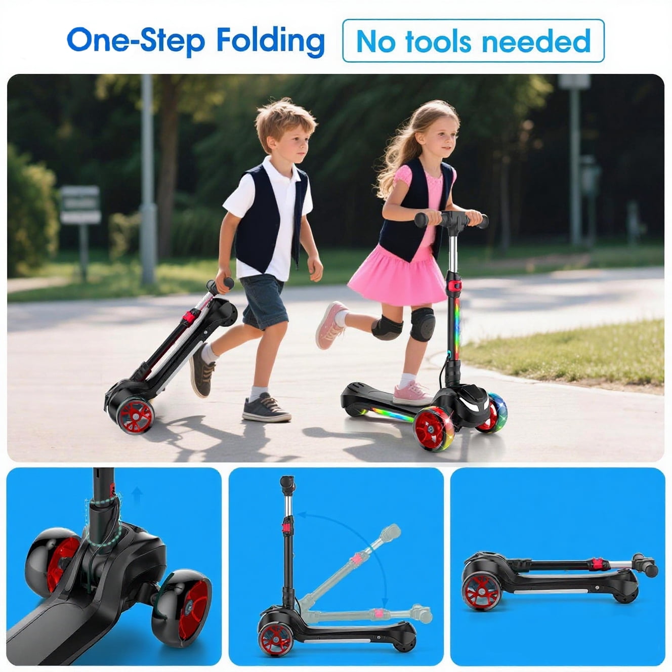 Electric Scooter for Kids Age 3-6, Bluetooth & Display Foldable 3-Wheel Escooter, Light-Up Wheels & Pedal Adjustable Scooter, 2-Speed Electric Ride On Toys (Black)