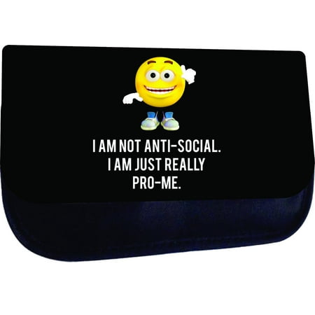- I Am Not Anti Social - I Am Just Really Pro Me - Cute Yellow Emoticon - Quote - Black Multi-Purpose Cosmetic Case - Bag - with 2 Zippered Pockets and Nylon Lining