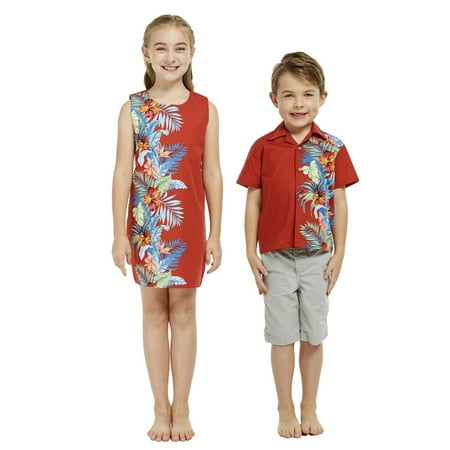 

Matching Siblings Hawaiian Luau GIrl Tank Dress Boy Shirt Side Floral Orchid Paradise Navy