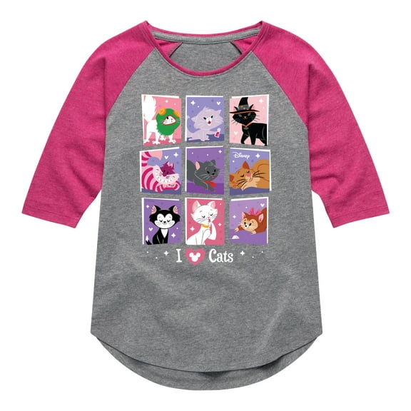 Disney Classics - Cats & Dogs - Grid Of Assorted Cats  - Toddler And Youth Girls Raglan Graphic T-Shirt