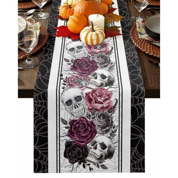 Table Runner 70 Inches Long, Halloween Skull Skeleton with Red Black Rose Cotton Linen Table Runners Non-Slip Durable Dresser Scarves for Table Party Dinner Holiday Home Decor, 1 Pack