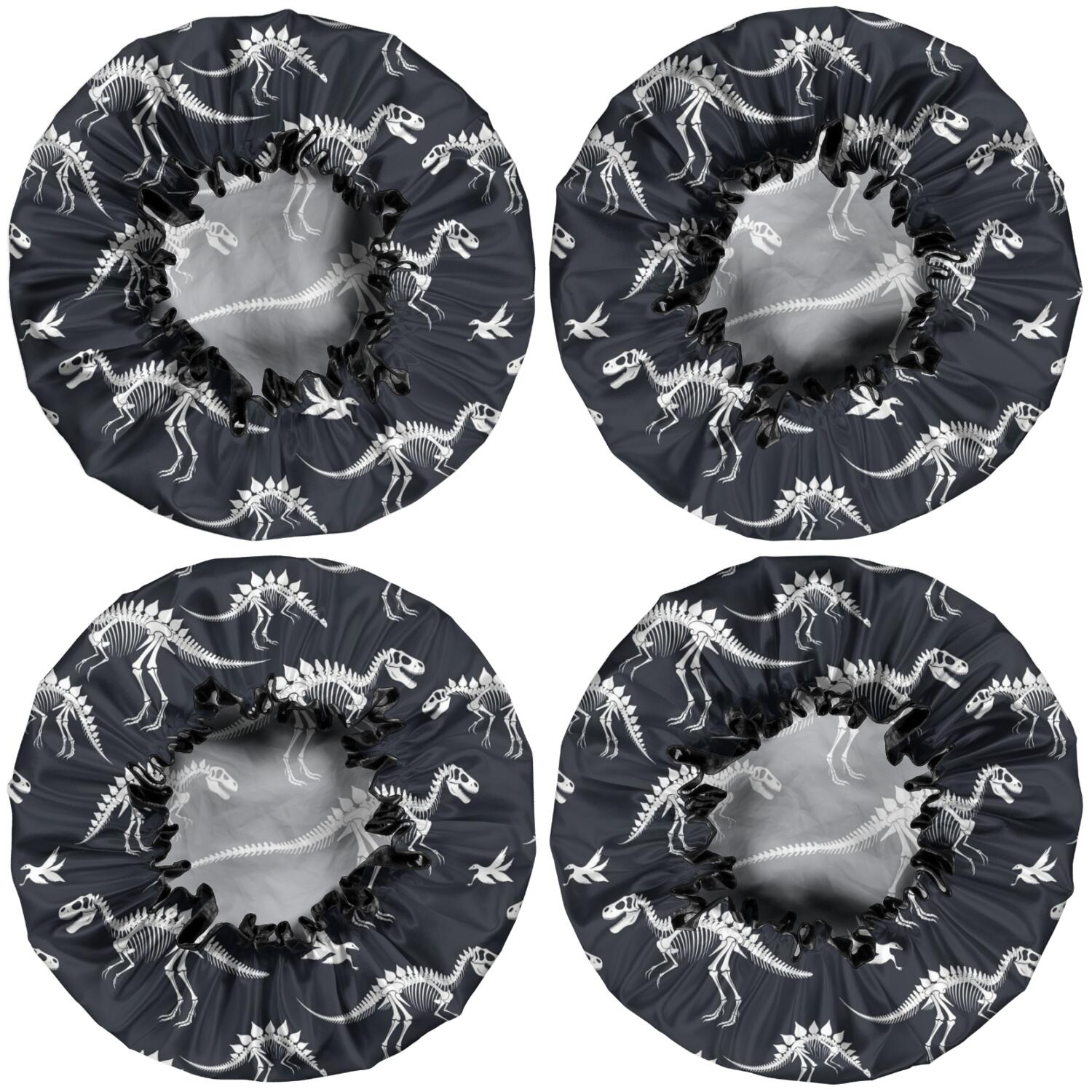 Shower Caps,Black Cartoon Dinosaurs Skeletons Pattern Waterproof Shower Cap for Women 4 Pieces,Double Reusable Hair Cover for Shower PEVA Elastic Stretch Hem