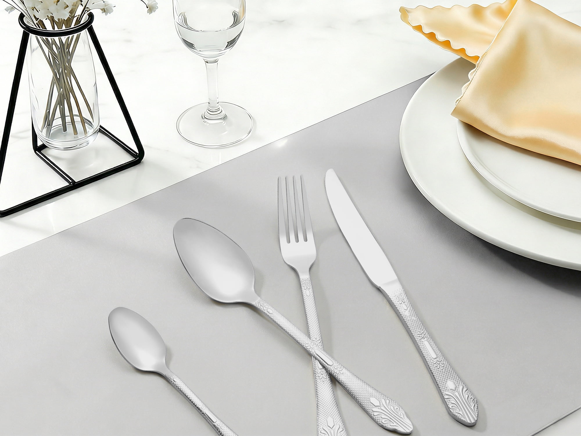 Unique Bargains 4 Piece Silverware Set Stainless Steel Floral Flatware Set Silver 4