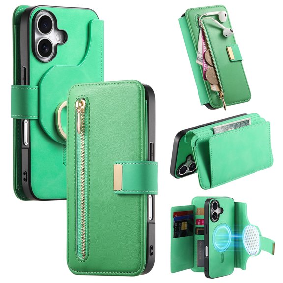 TECH CIRCLE for iPhone 16 2-in-1 Phone Case 6.1" 2024, Magnetic Back Cover with Removable Flip Wallet Case, with Card Slots/Ring Holder Grip, Compatible with MagSafe, PU Leather Case, Green