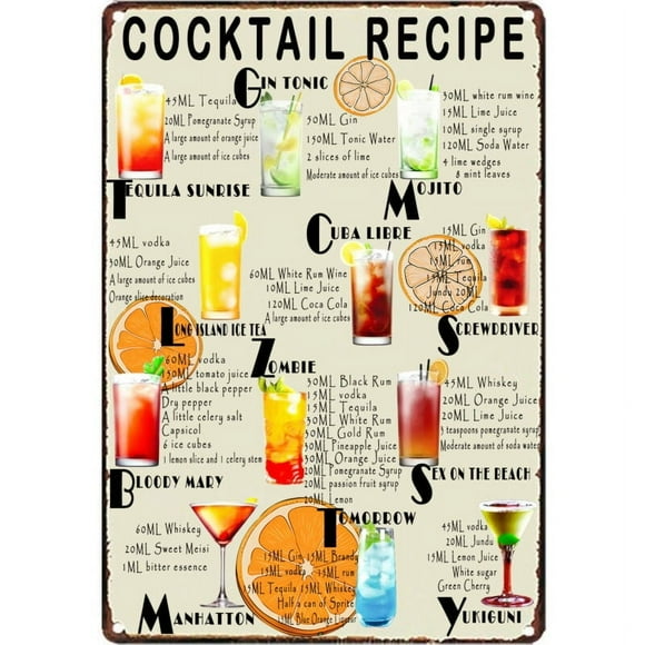 Size: 16" x 12" - Vintage Classic Cocktail Recipe Tin Metal Sign Wall Art Print Poste For Bar