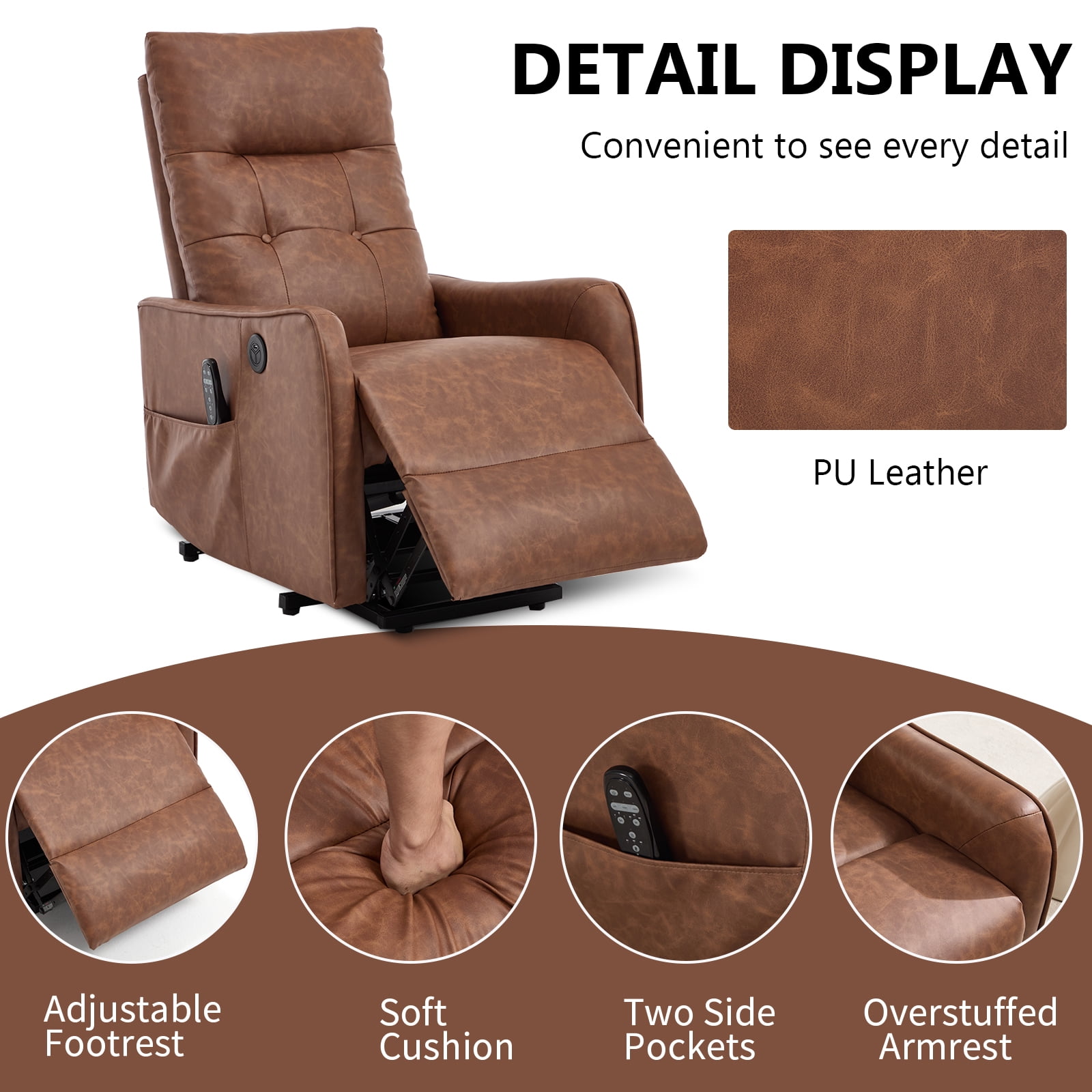 Gewnee Faux Leather Power Lift Recliner Chair with Vibration Massage & Lumbar Heat, USB Charging Port, Elderly Assist Chair for Living Room Bedroom，Brown