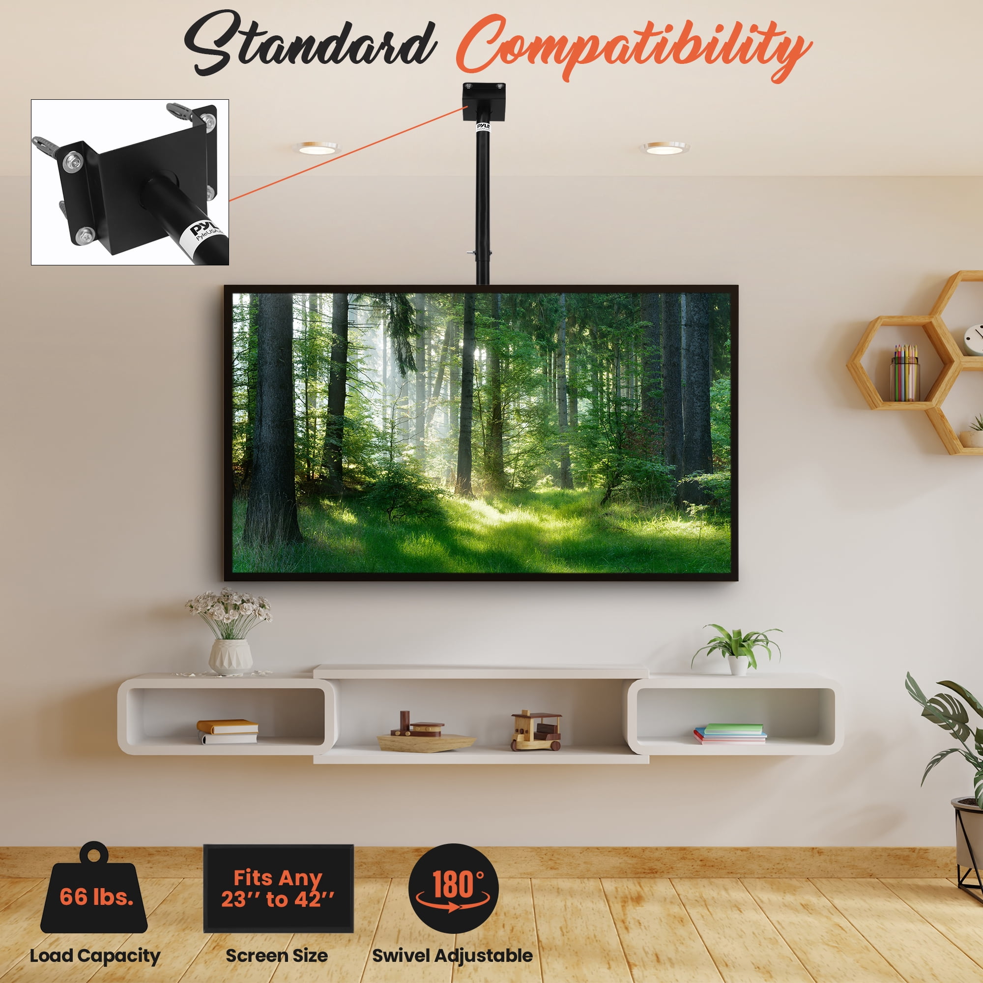 PYLE PCTVM15 - Universal Tilt, Swivel and Height Adjustable TV Ceiling Mount Bracket Fits Virtually All 23” - 42'' TVs (Flat Panel HDTV, LCD, LED, Plasma and Smart TVs)