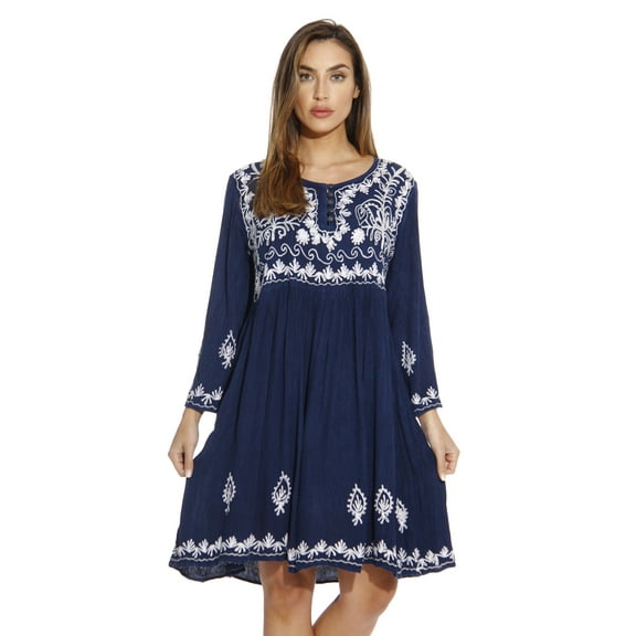 Riviera Sun 3/4 Sleeve Embroidered Button Front Tunic Dresses for Women (Dark Denim, Large)